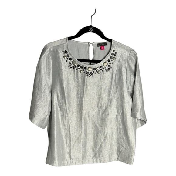 Vince Camuto Shimmery Silver Short Sleeve Top With Beaded Neckline Size Medium - Picture 1 of 6